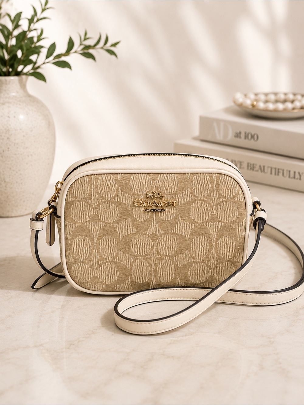 Coach Mini Rowan Camera Bag Signature Canvas Ivory Leather Crossbody Gold Tone